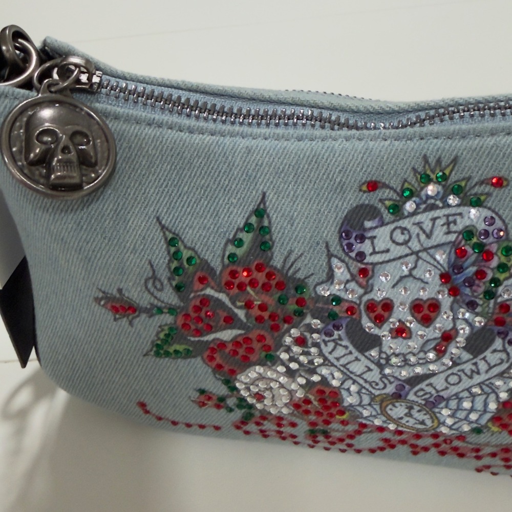 Ed Hardy Love Kills Slowly Denim Rhinestone Shoulder Bag Blue Y2K Tattoo Bag NWT - Picture 6 of 10